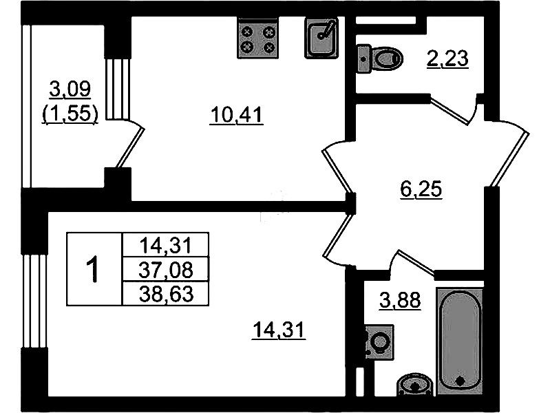 1-комнатная квартира 38.63 м², 1/4 эт., ЖК «Новая история»